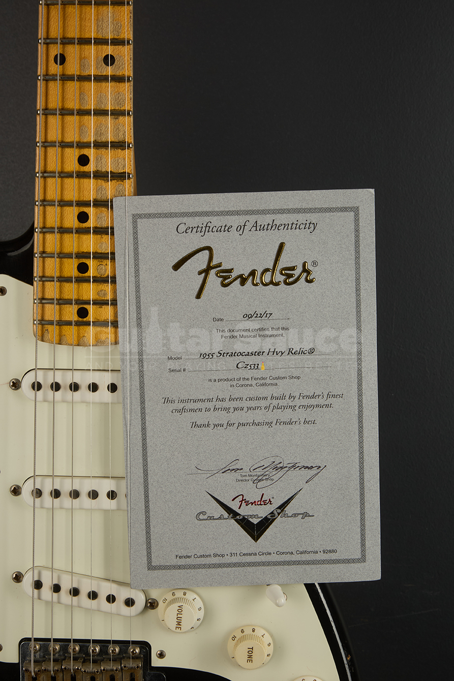 Fender Custom shop 55 stratocaster Heavy Relic Aged Black Over chocolate three tone sunburst Guitar Sauce_13