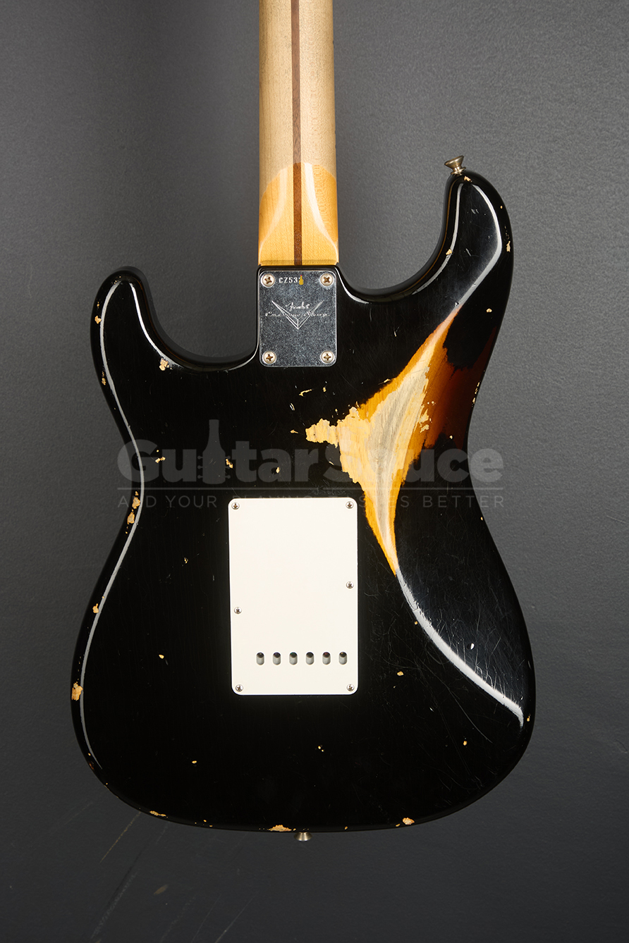 Fender Custom shop 55 stratocaster Heavy Relic Aged Black Over chocolate three tone sunburst Guitar Sauce_15