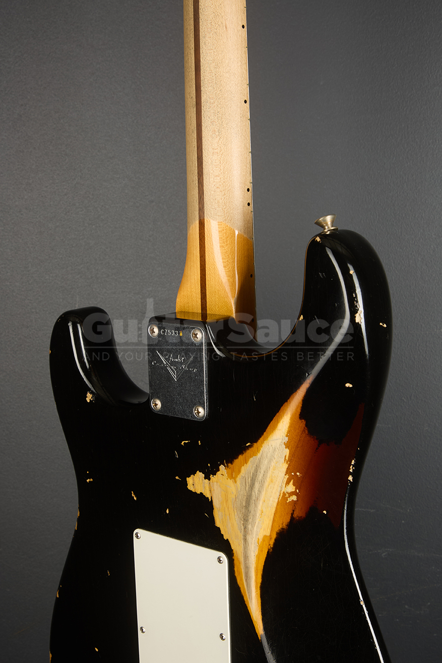 Fender Custom shop 55 stratocaster Heavy Relic Aged Black Over chocolate three tone sunburst Guitar Sauce_16
