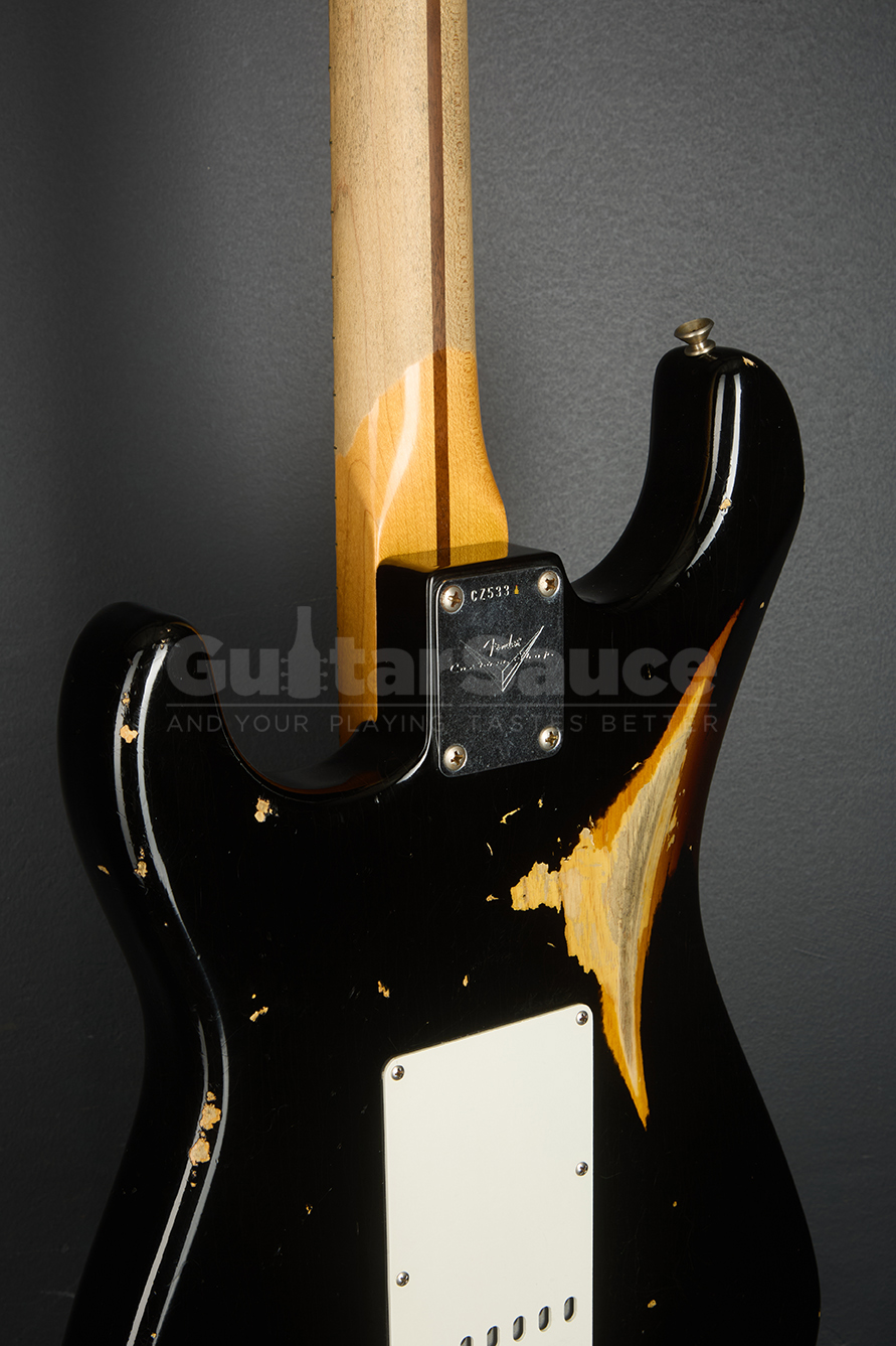 Fender Custom shop 55 stratocaster Heavy Relic Aged Black Over chocolate three tone sunburst Guitar Sauce_17