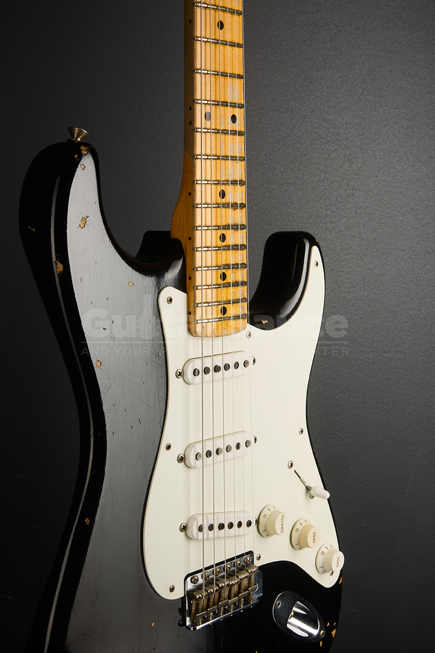 Fender Custom shop 55 stratocaster Heavy Relic Aged Black Over chocolate three tone sunburst Guitar Sauce_9